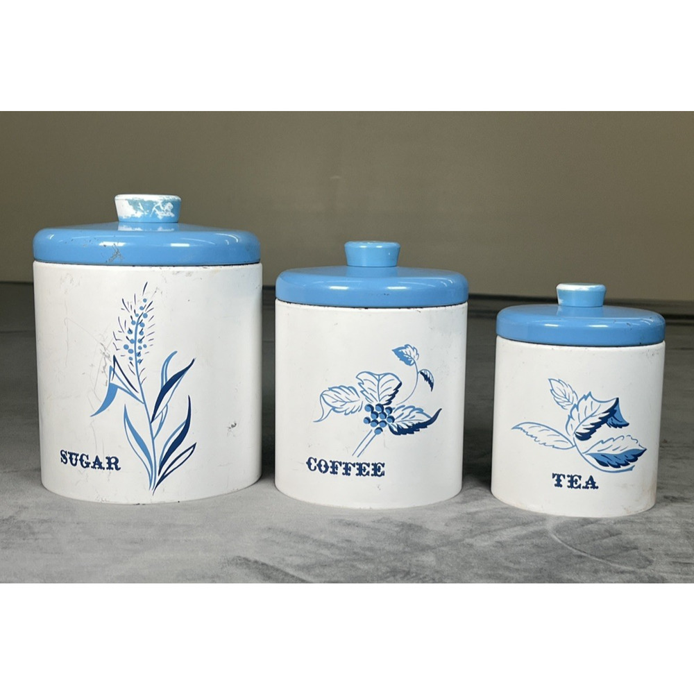 6-pc Ransburg Metal Kitchen Canister Set With Floral Pattern Mid Century Blue